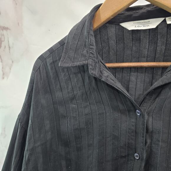 & Other Stories T Shirt Womens Small 4 Black Button Linen Striped Oversized Boxy - Picture 2 of 12